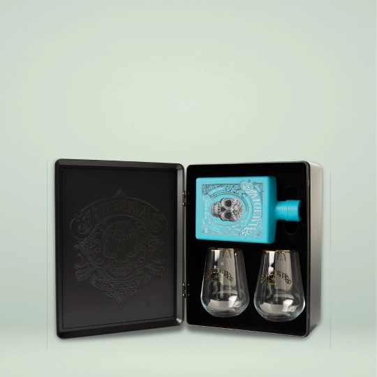 METAL BOX LIGHT BLUE - GIN 70 cl + 2 BICCHIERI